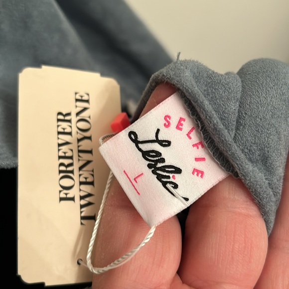 NWT Selfie Leslie Sz L Blue Embroidery LaceFaux Suede Front W/Cut Out Back Dress - Picture 5 of 6